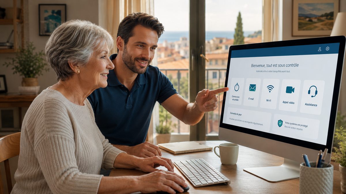 Technicien MB Tech Services accompagnant une cliente à son domicile